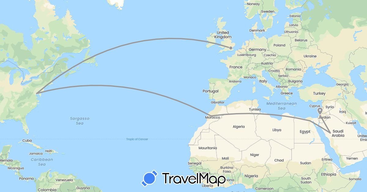 TravelMap itinerary: driving, plane in Egypt, United Kingdom, Israel, Jordan, Morocco, Saudi Arabia, United States (Africa, Asia, Europe, North America)